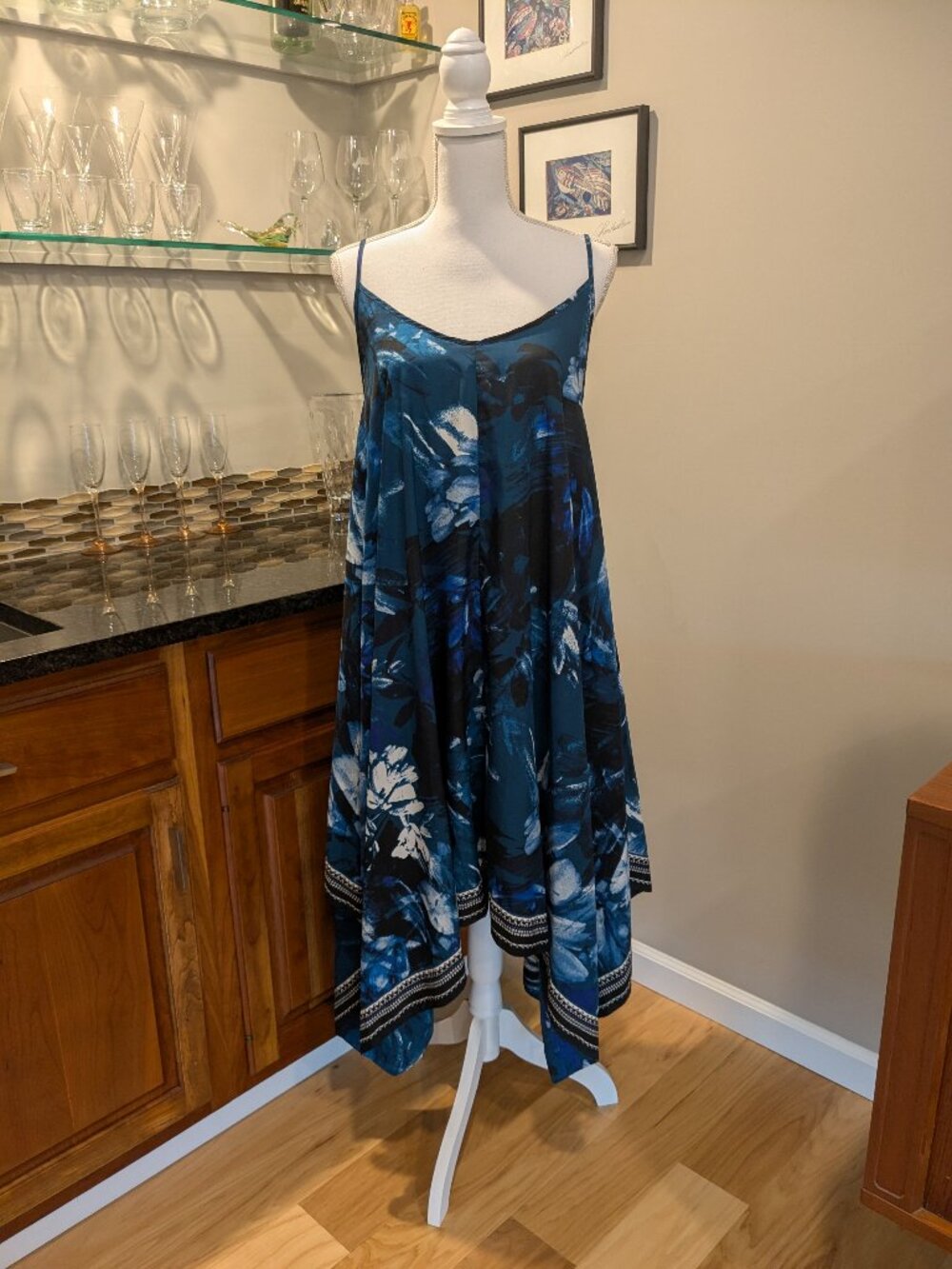 Swimsuits for all Blue Flowy Beach Pool Coverup Adjustable Strap Shark Bite Hem